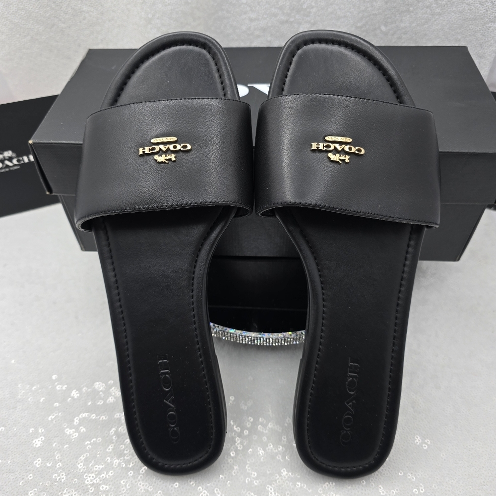 Coach Slide Sandal Black Leather Goldtone Hardward Elegant Silhouette Womens 10